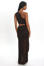 Viela One-Shoulder Cut-Out Maxi Dress Polka Dot Brown