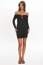 Anaelle Long Sleeve Off-Shoulder Mini Dress Black