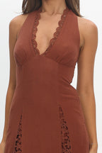 Claudette Halterneck Lace Trim Maxi Dress Chocolate