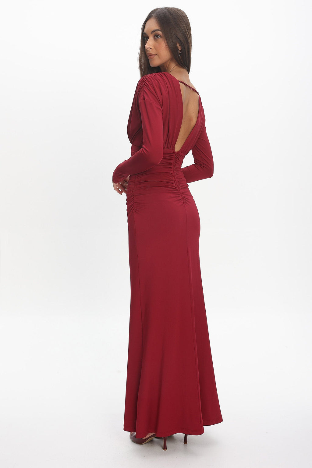 Gilded Long Sleeve Ruched Maxi Dress Wine