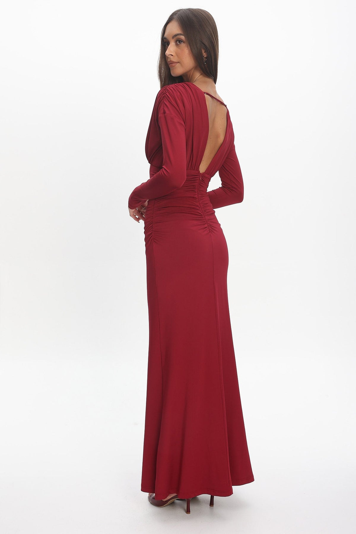 Gilded Long Sleeve Ruched Maxi Dress Wine