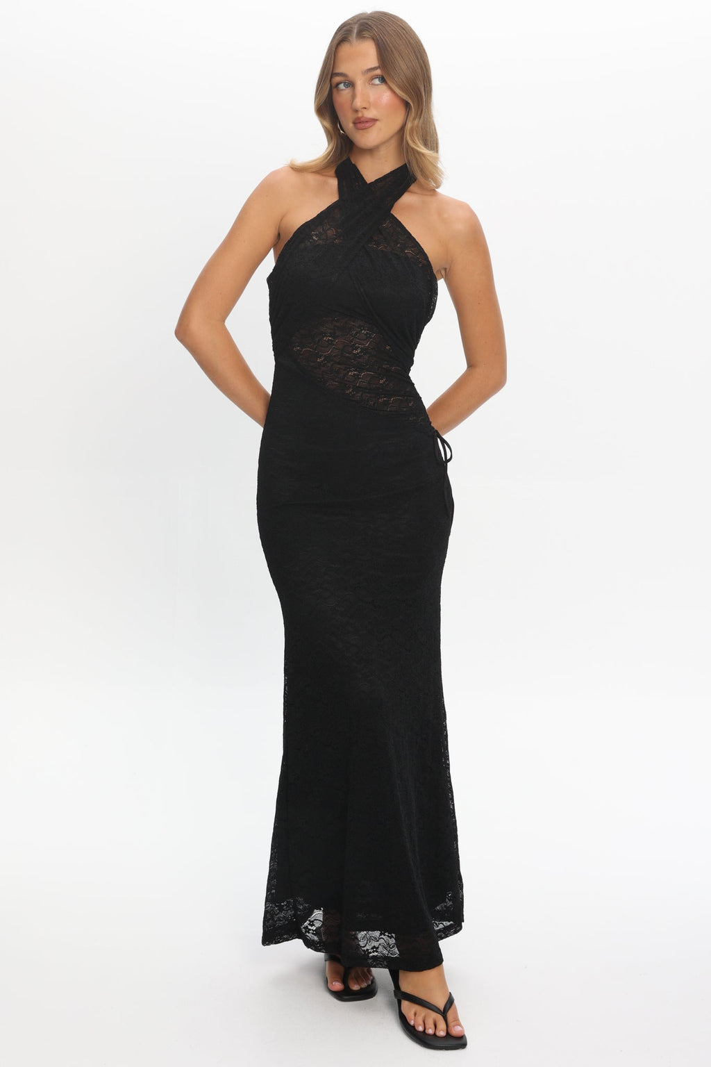 Karmella Cross-Front Lace Halter Maxi Dress Black