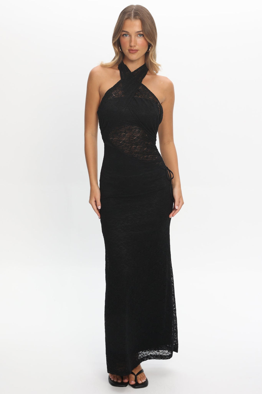 Karmella Cross-Front Lace Halter Maxi Dress Black