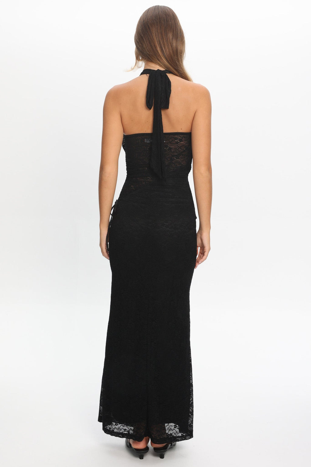 Karmella Cross-Front Lace Halter Maxi Dress Black