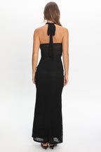 Karmella Cross-Front Lace Halter Maxi Dress Black