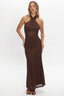 Karmella Ruched Halterneck Maxi Dress Chocolate