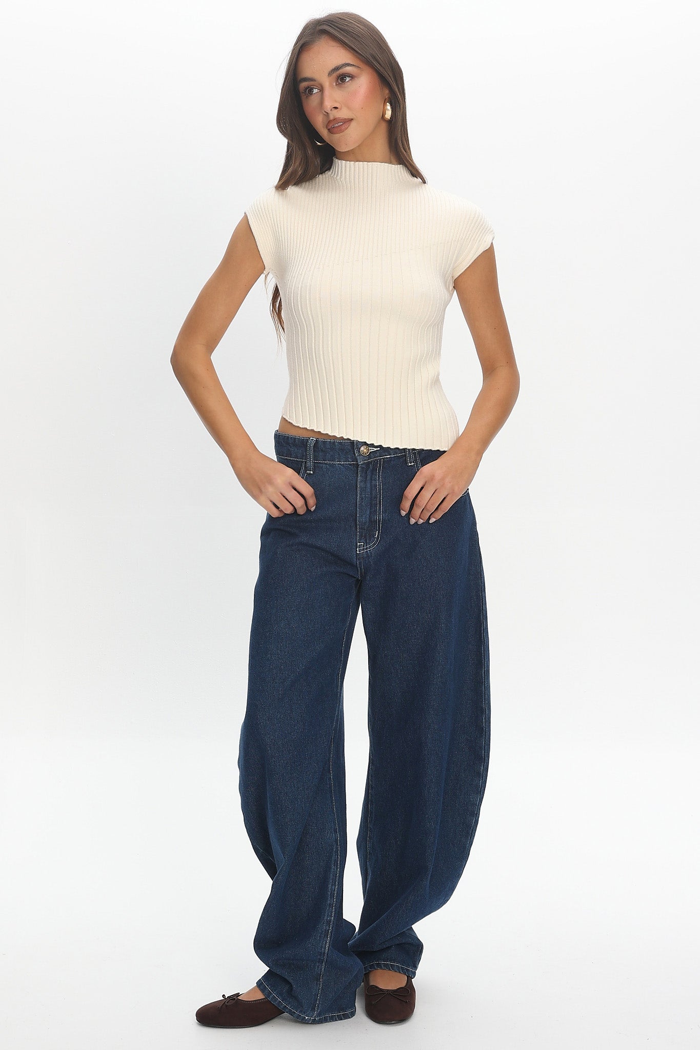 Young Hearts Asymmetric Hem Ribbed Knit Top Ivory Secondary image