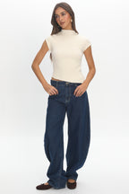 Young Hearts Asymmetric Hem Ribbed Knit Top Ivory