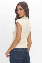 Young Hearts Asymmetric Hem Ribbed Knit Top Ivory