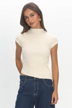 Young Hearts Asymmetric Hem Ribbed Knit Top Ivory