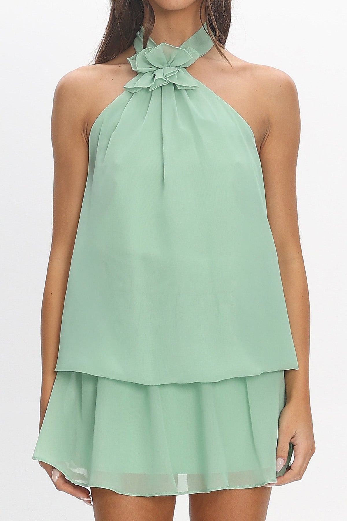 Aniyah Layered Halter Mini Dress Mint