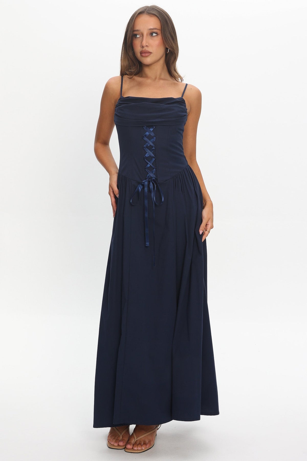 Waiting On Me Lace-Up Bodice Maxi Dress Navy Main image