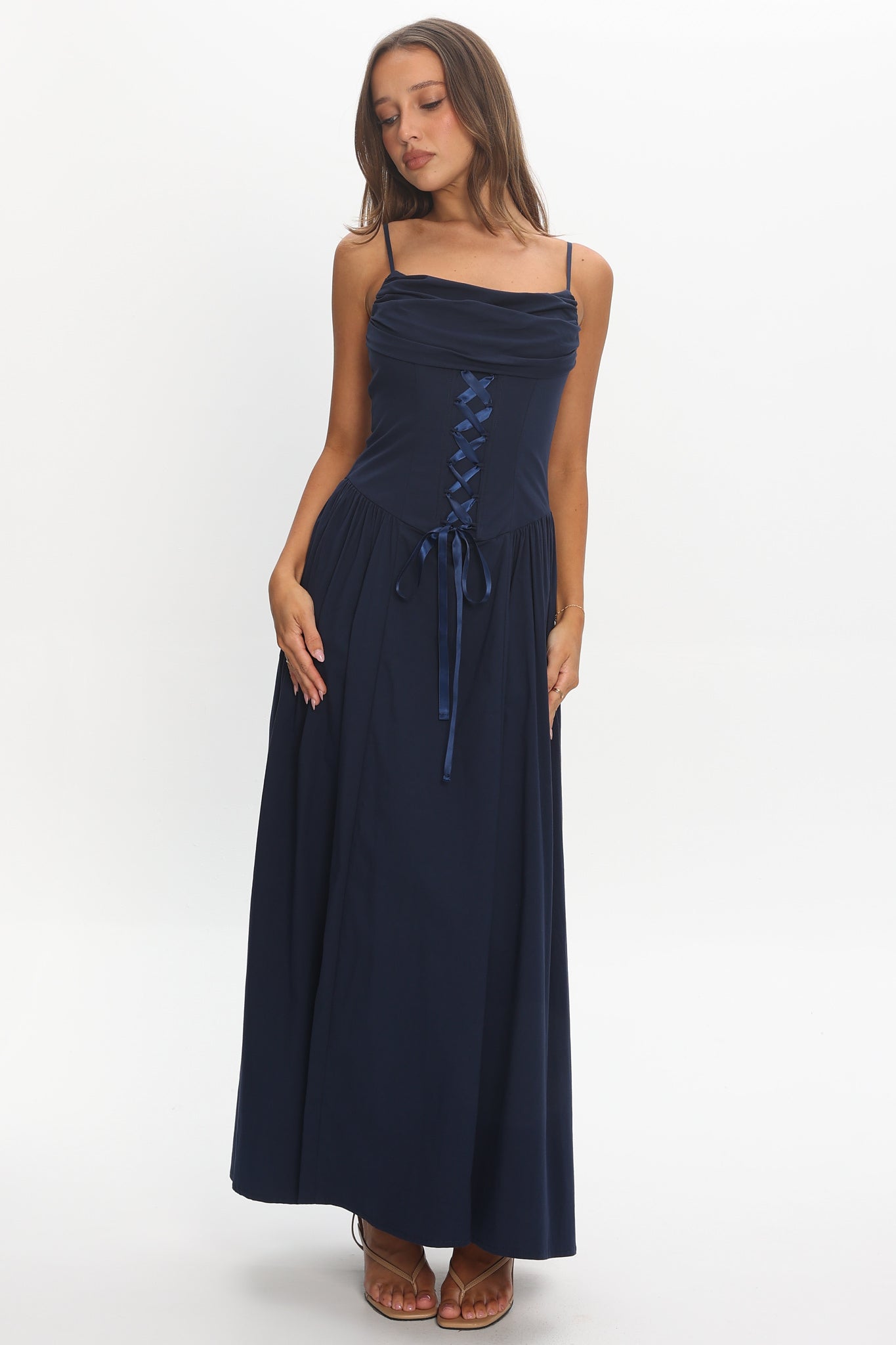 Waiting On Me Lace-Up Bodice Maxi Dress Navy Secondary image