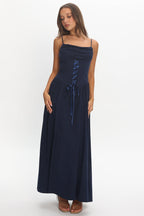 Waiting On Me Lace-Up Bodice Maxi Dress Navy