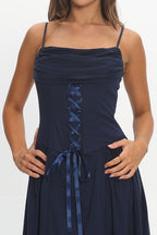 Waiting On Me Lace-Up Bodice Maxi Dress Navy