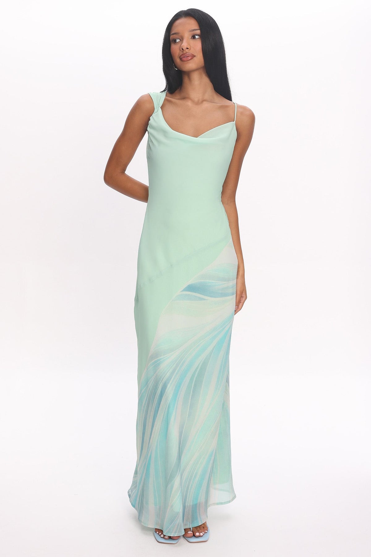 Astoria Asymmetric Cowl Neckline Maxi Dress Abstract Mint Main image