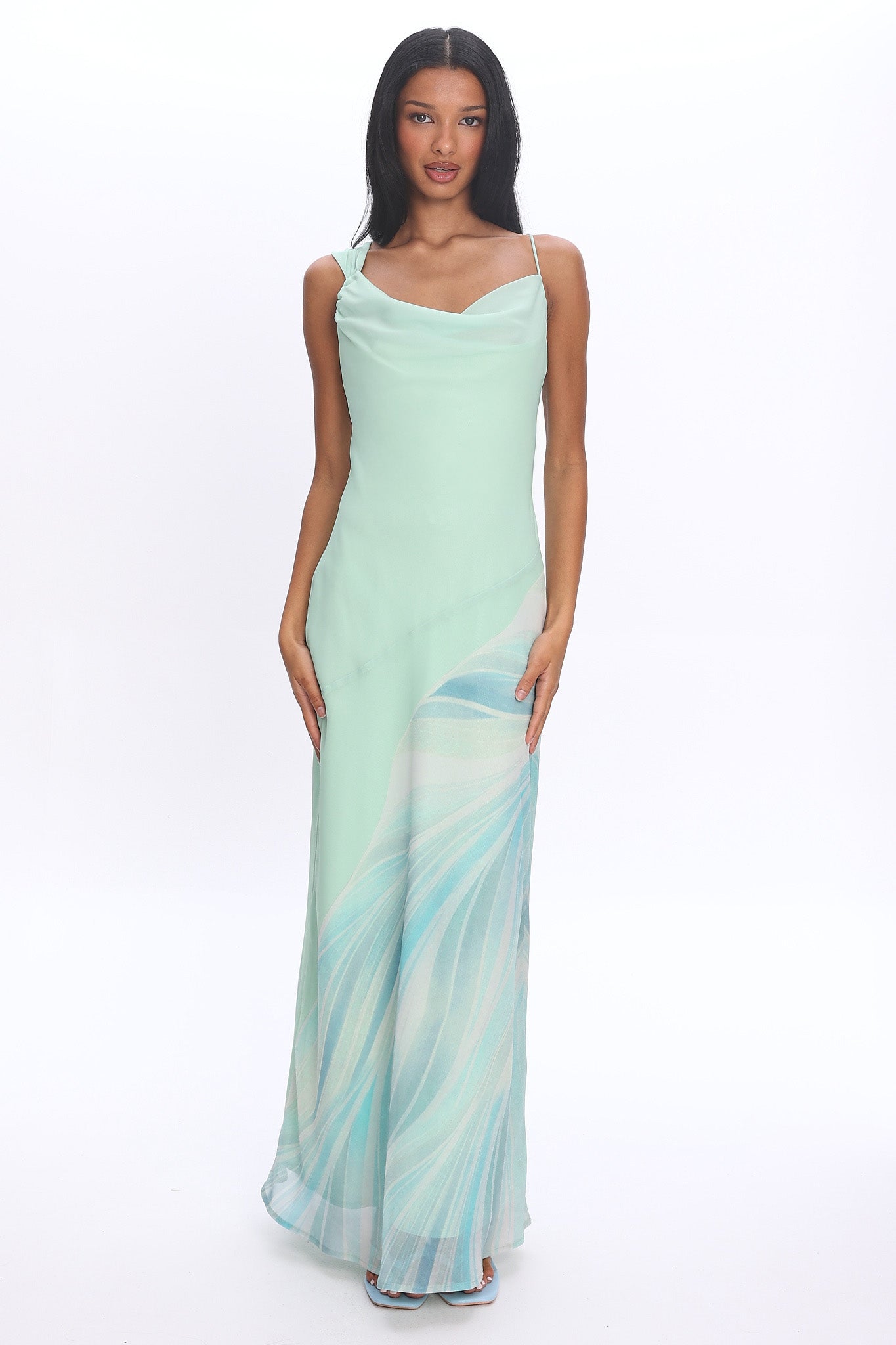 Astoria Asymmetric Cowl Neckline Maxi Dress Abstract Mint Secondary image