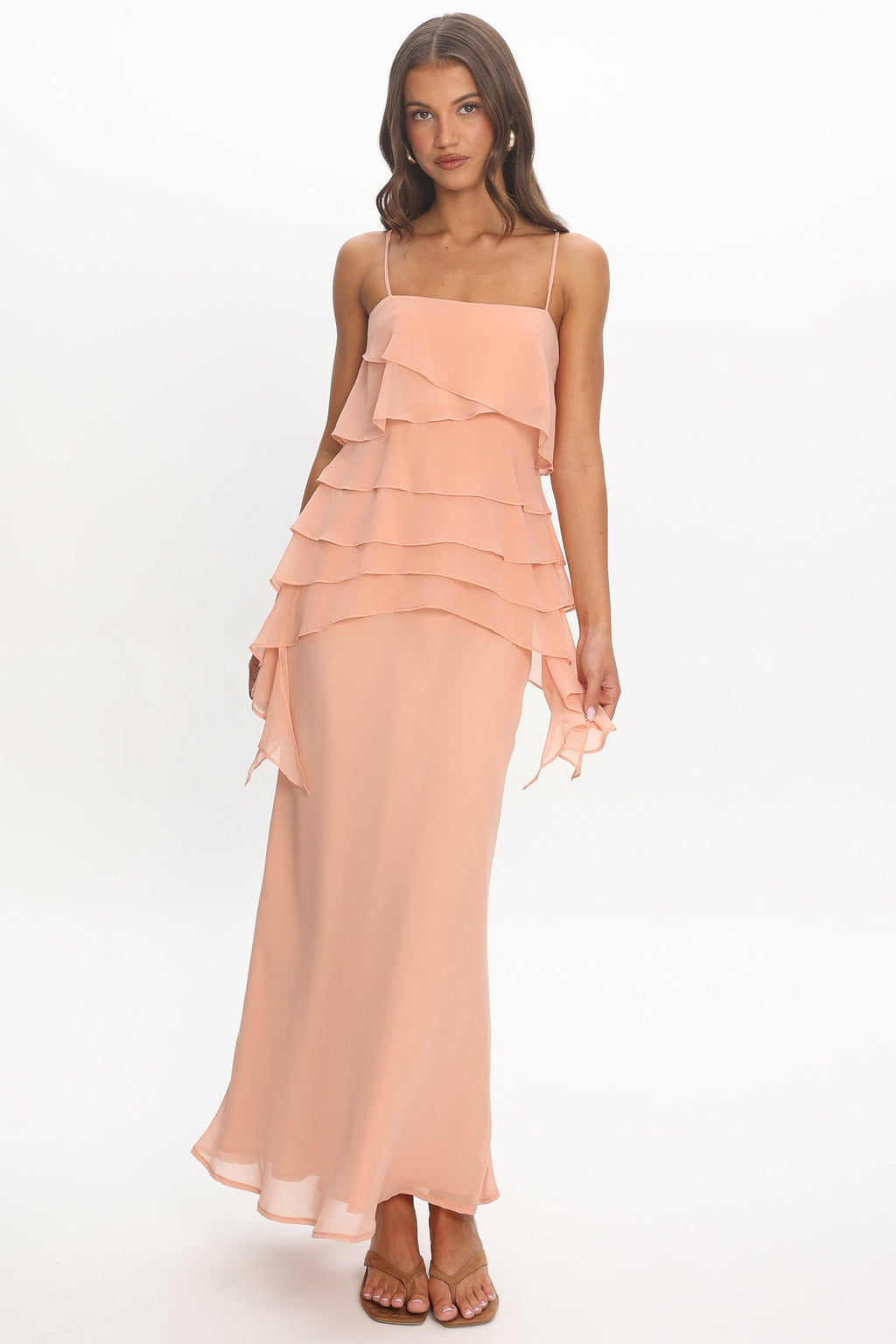 Olita Tiered Ruffle Slip Maxi Dress Apricot