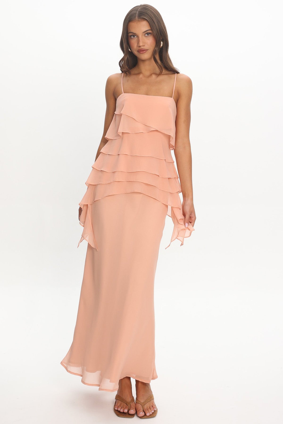 Olita Tiered Ruffle Slip Maxi Dress Apricot