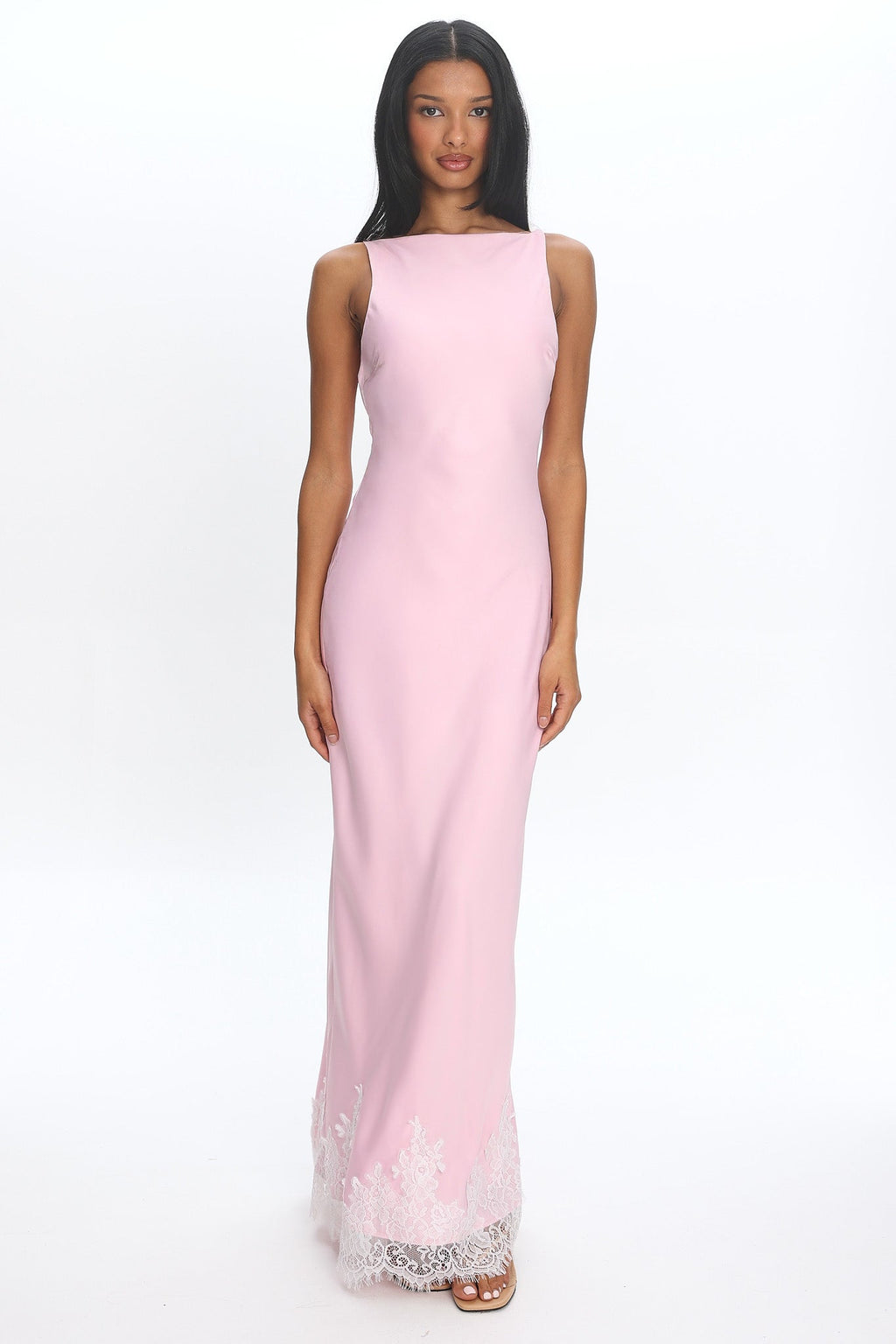 Bedouin Cowl-Back Lace-Hem Gown Light Pink