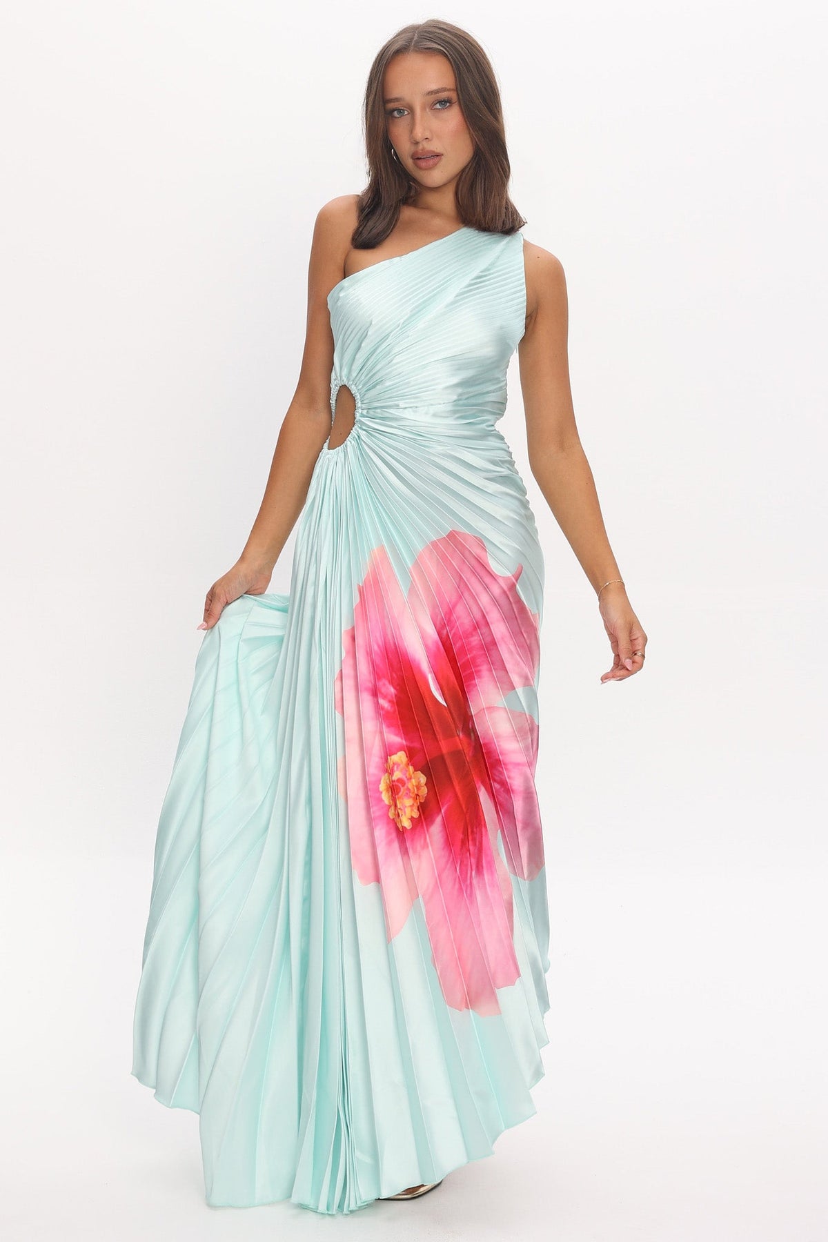 Amelie One-Shoulder Accordion Pleat Maxi Dress Hibiscus Mint Main image