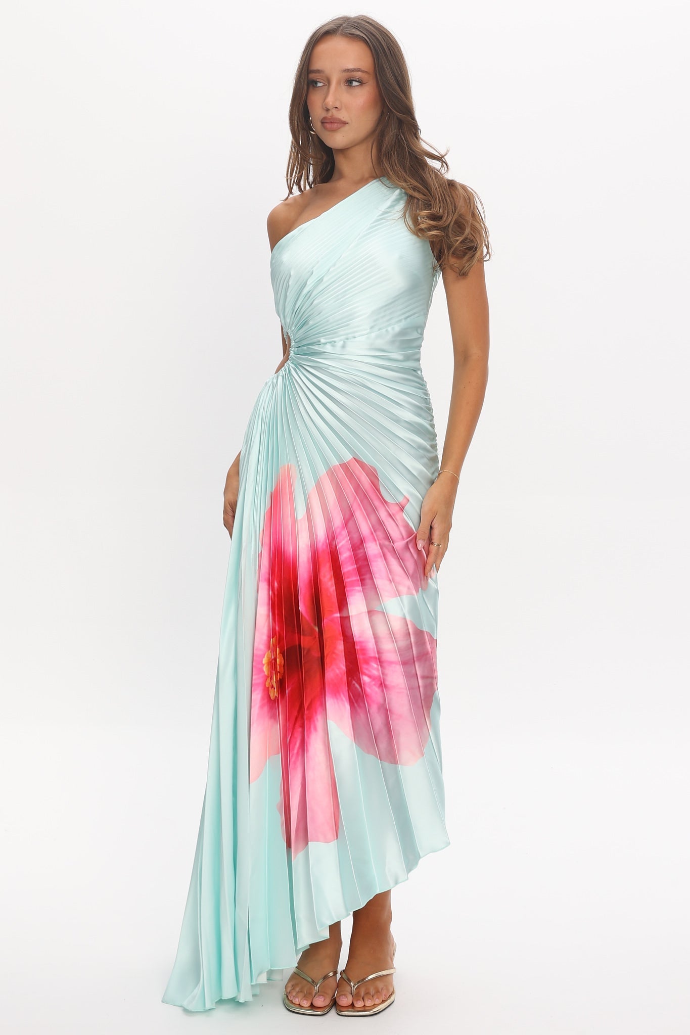 Amelie One-Shoulder Accordion Pleat Maxi Dress Hibiscus Mint Secondary image