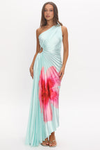 Amelie One-Shoulder Accordion Pleat Maxi Dress Hibiscus Mint