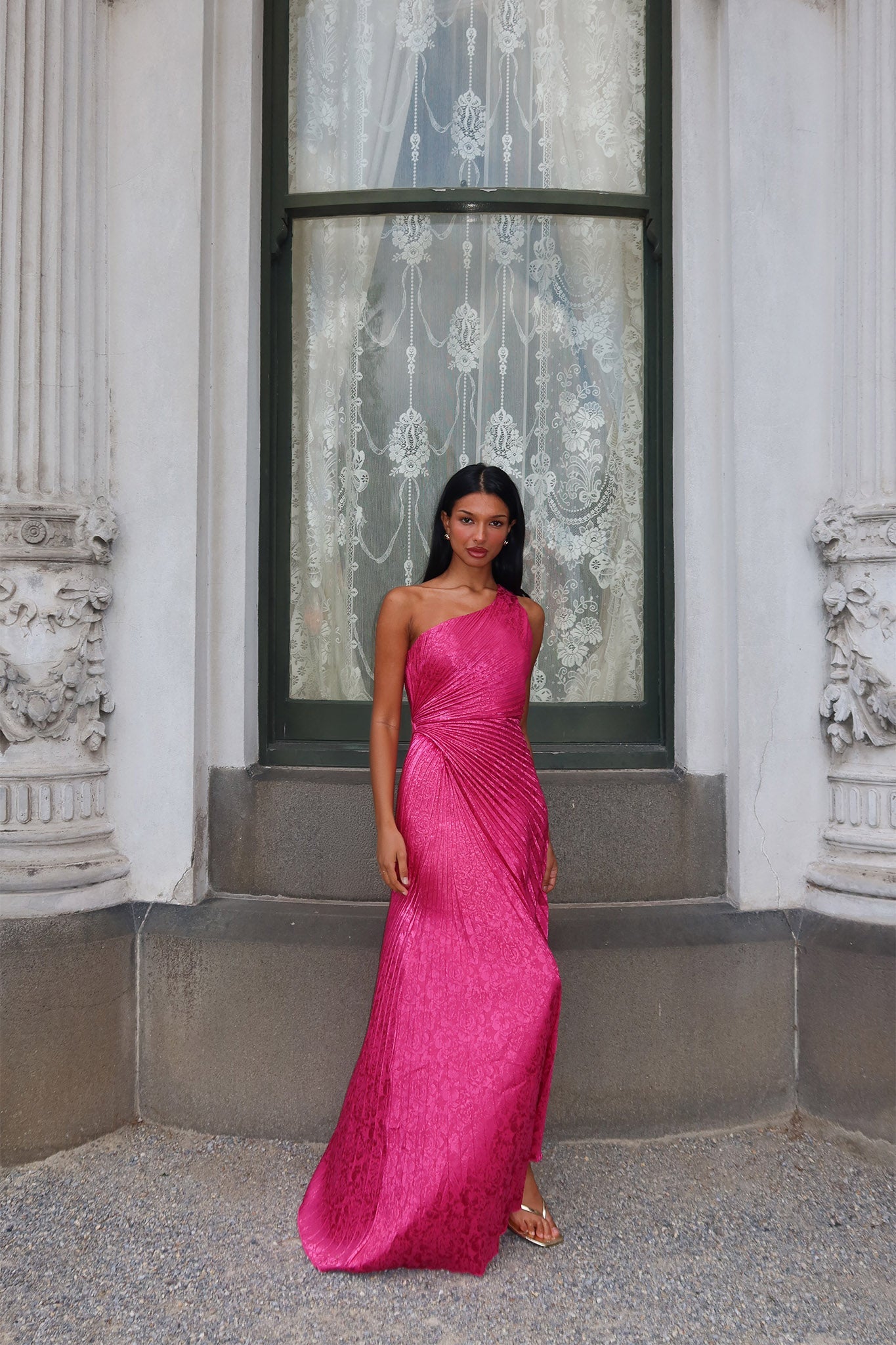 Amelie One-Shoulder Accordion Pleat Maxi Dress Floral Fuchsia Secondary image