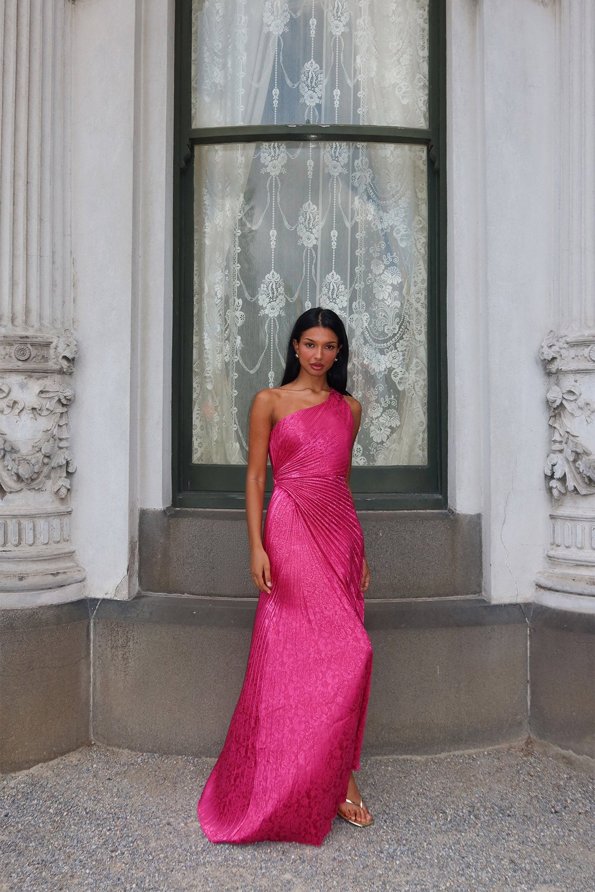 Amelie One-Shoulder Accordion Pleat Maxi Dress Floral Fuchsia