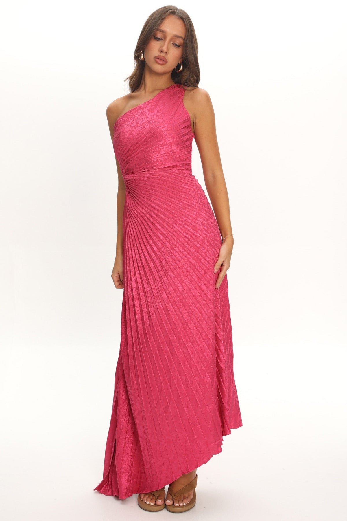 Amelie One-Shoulder Accordion Pleat Maxi Dress Floral Fuchsia Main image