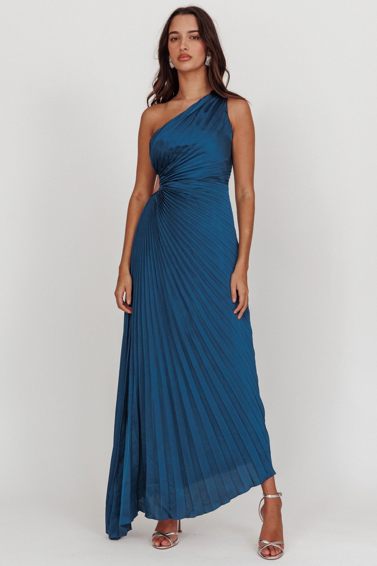 Amelie One-Shoulder Accordion Pleat Maxi Dress Teal Main image