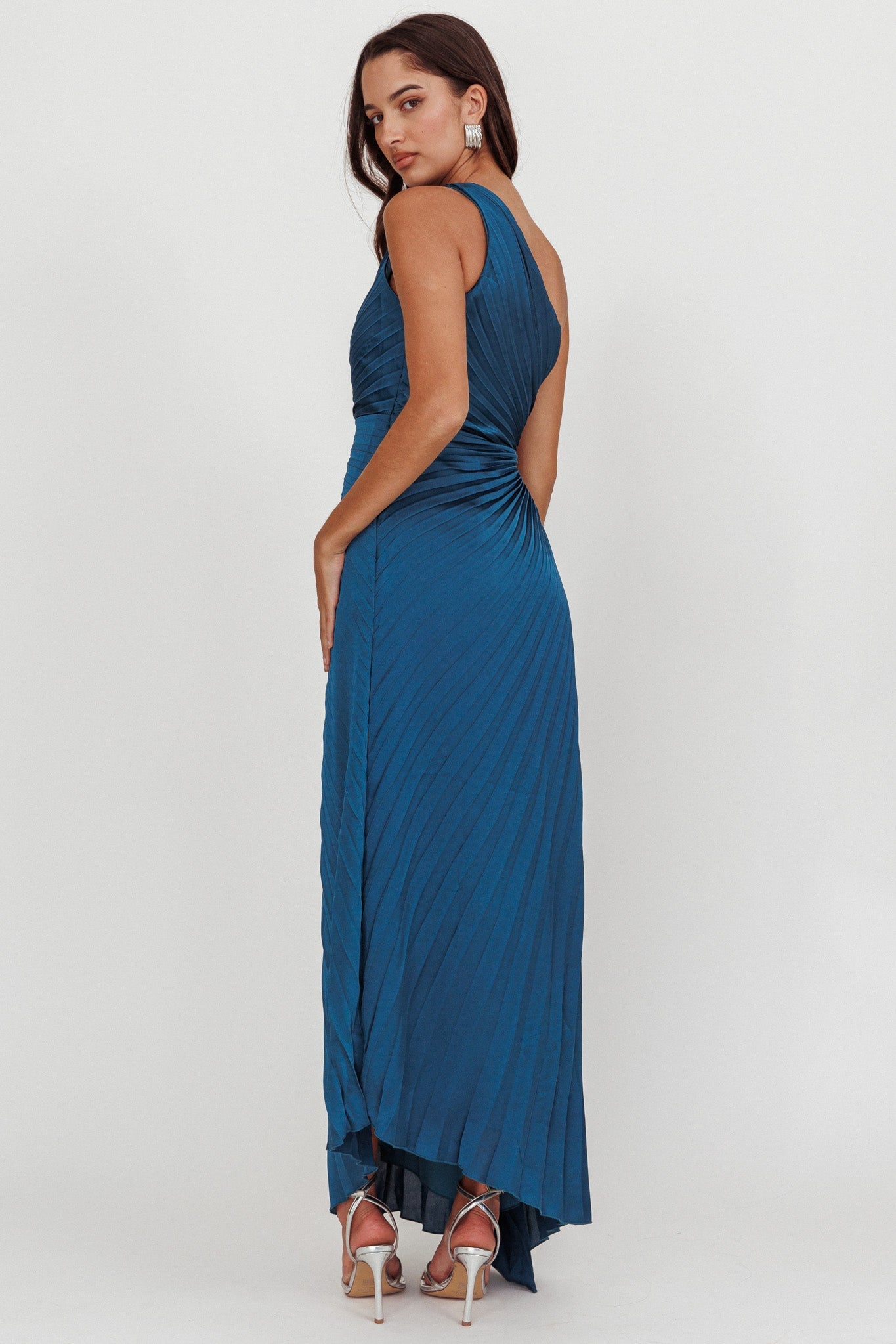 Amelie One-Shoulder Accordion Pleat Maxi Dress Teal Secondary image