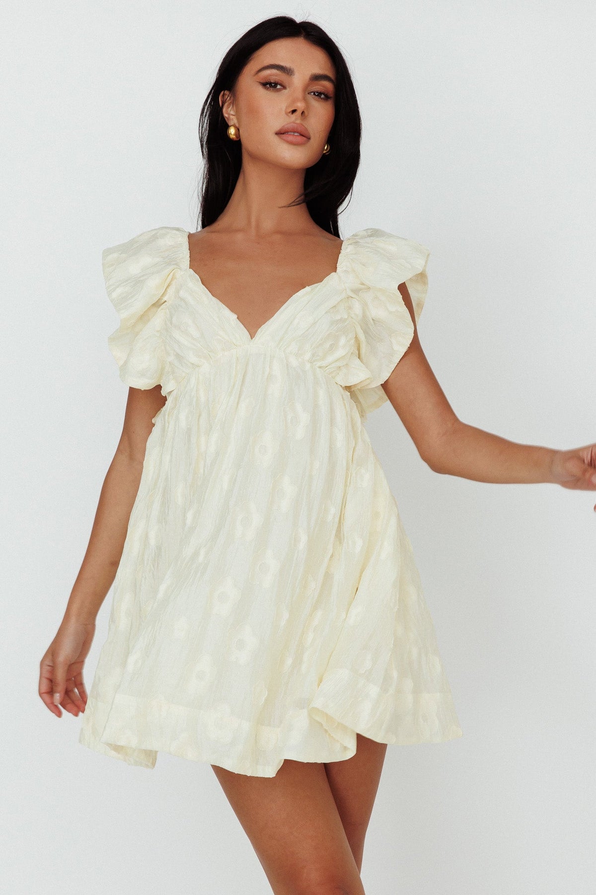 Melrose Place Floral Textured Frill Dress Lemon Main image
