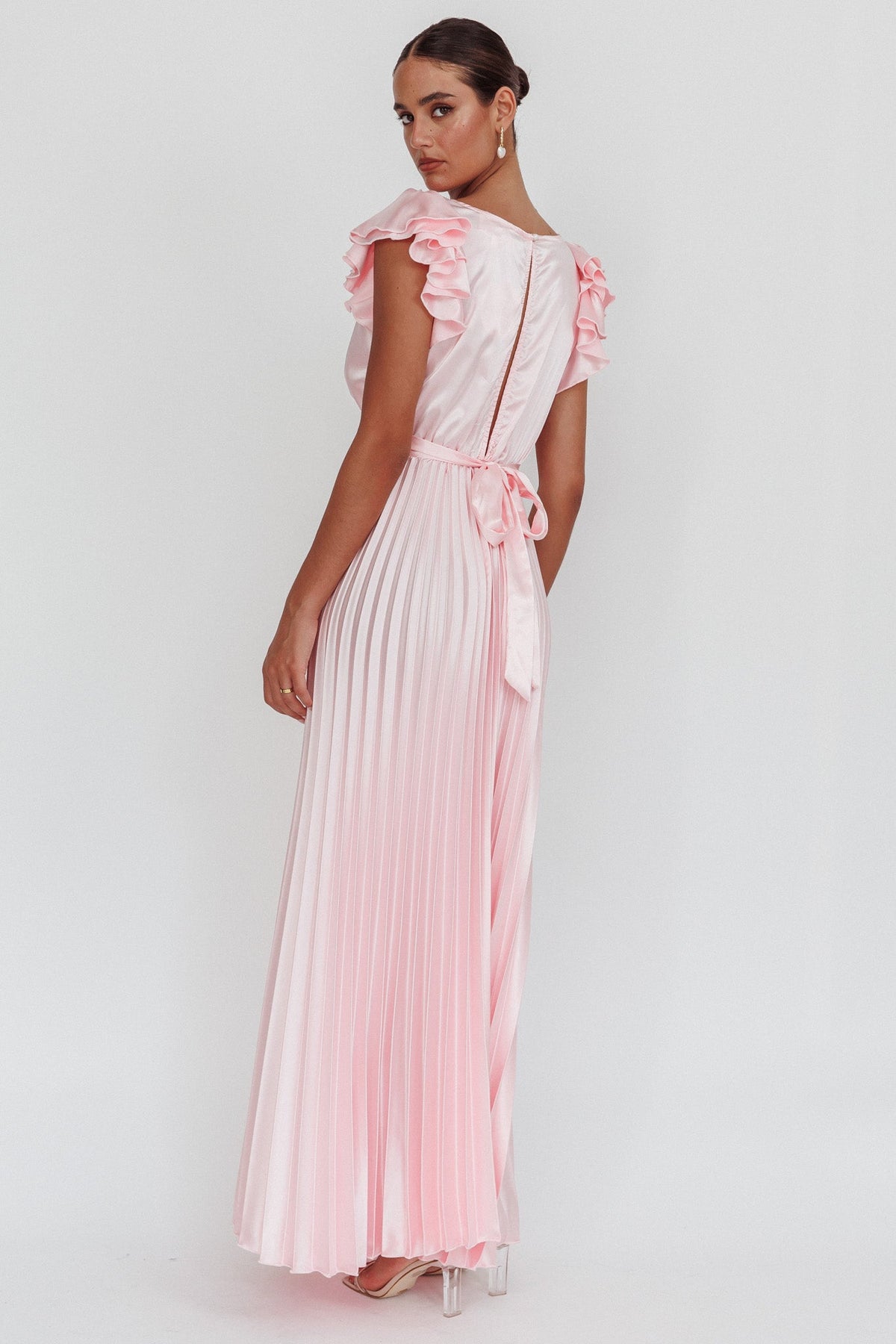 Enchantment Ruffle Sleeve Pleat Maxi Dress Pink
