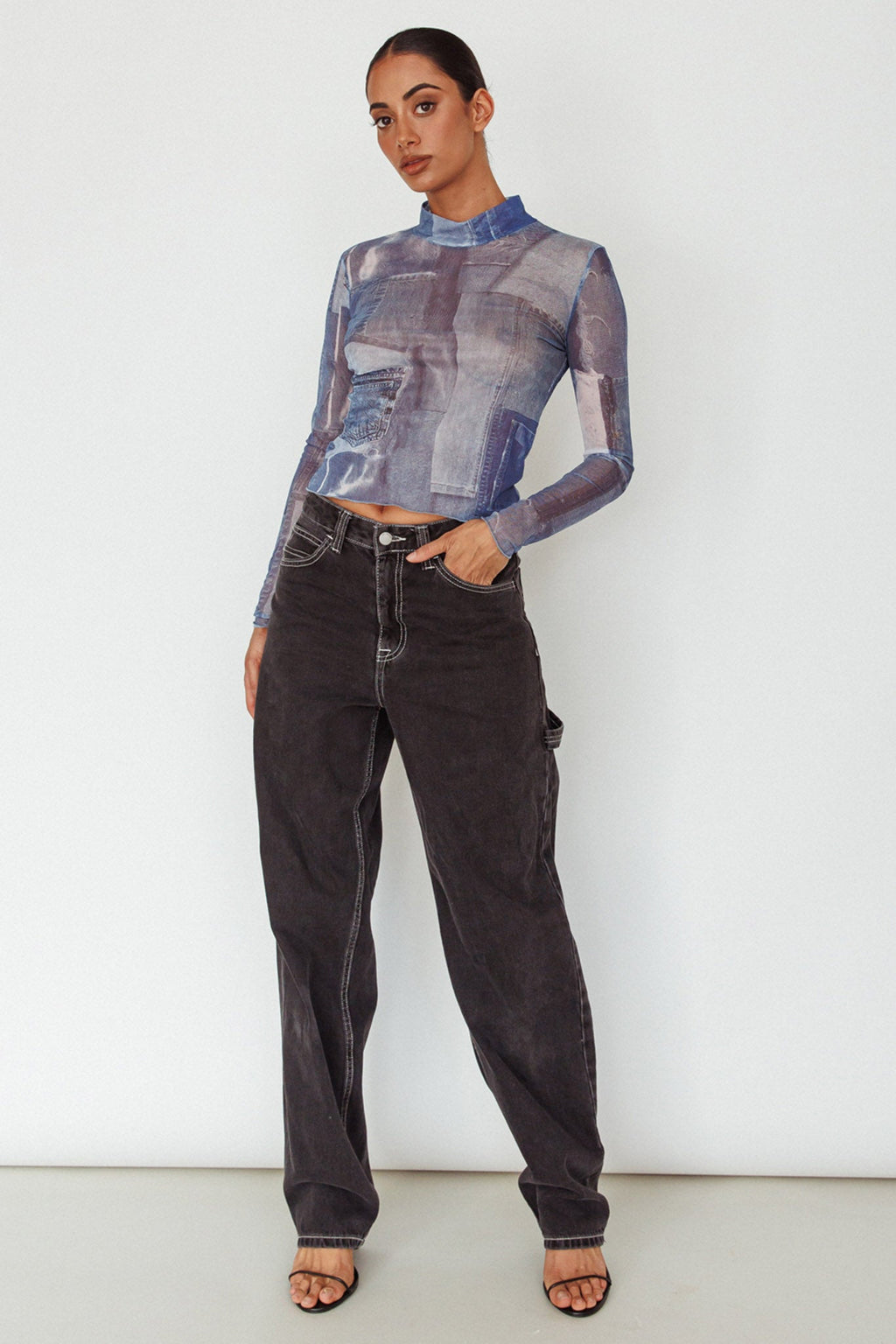 Giza Long Sleeve Mock Neck Top Print Denim Multi