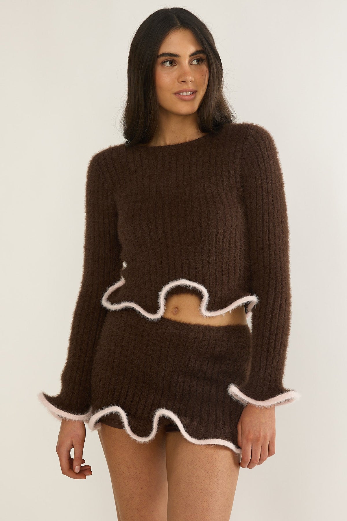 Pailin Lettuce Edge Knit Top Brown