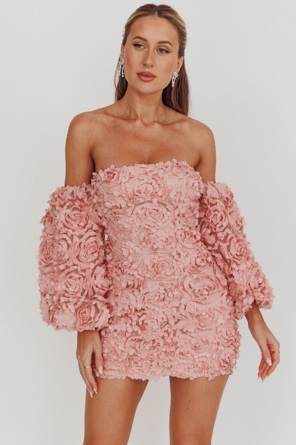 Vive La Rose Off-Shoulder Floral Mini Dress Blush