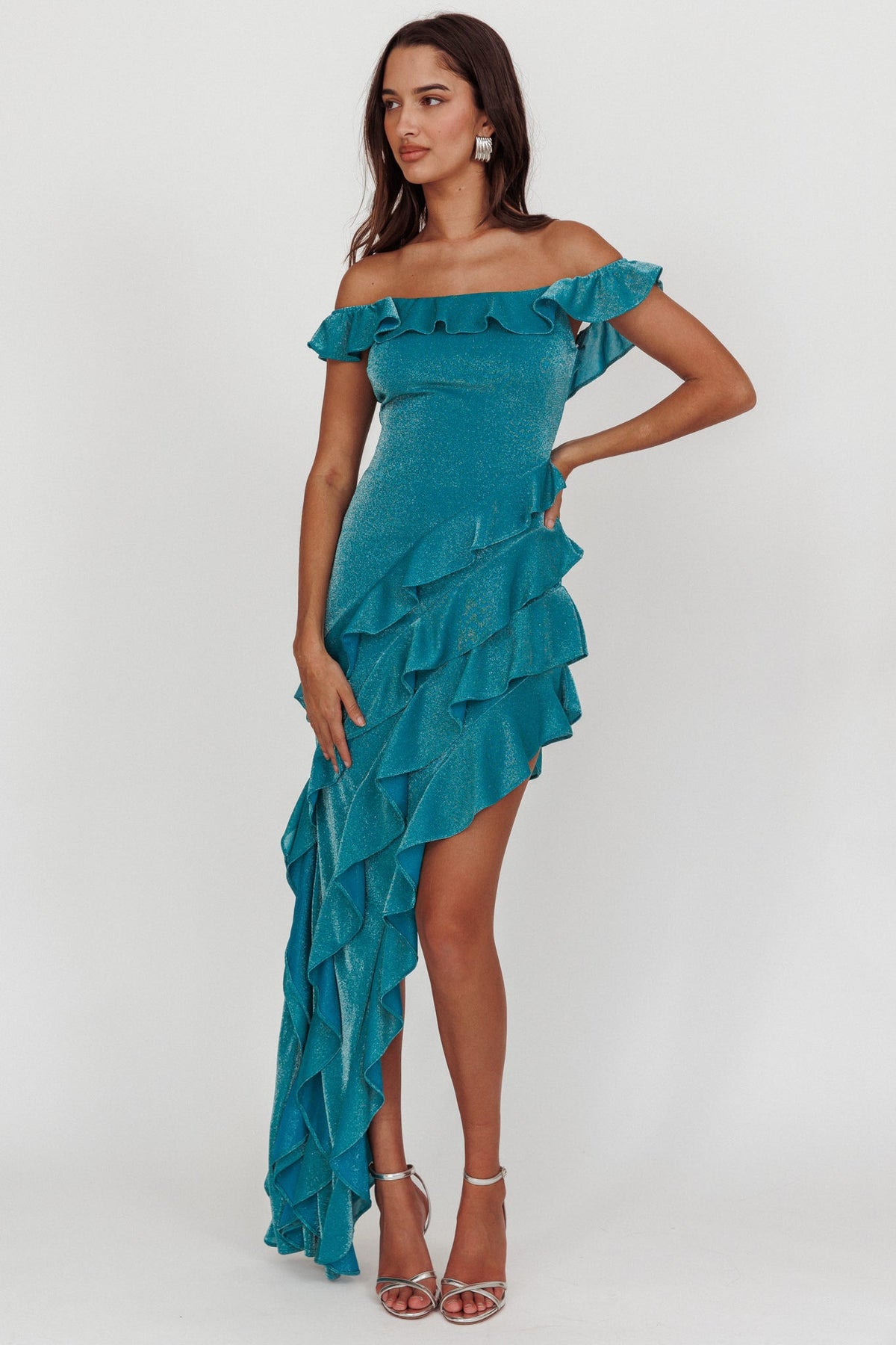 So Into You Off Shoulder Glitter Ruffle Dress Jade Main image
