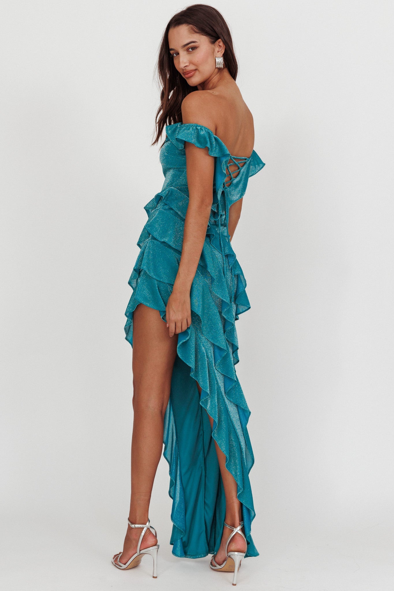 So Into You Off Shoulder Glitter Ruffle Dress Jade Secondary image