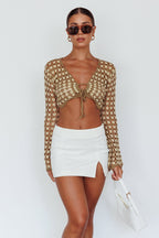 Maycie Long Sleeve Crochet Crop Top Taupe Multi