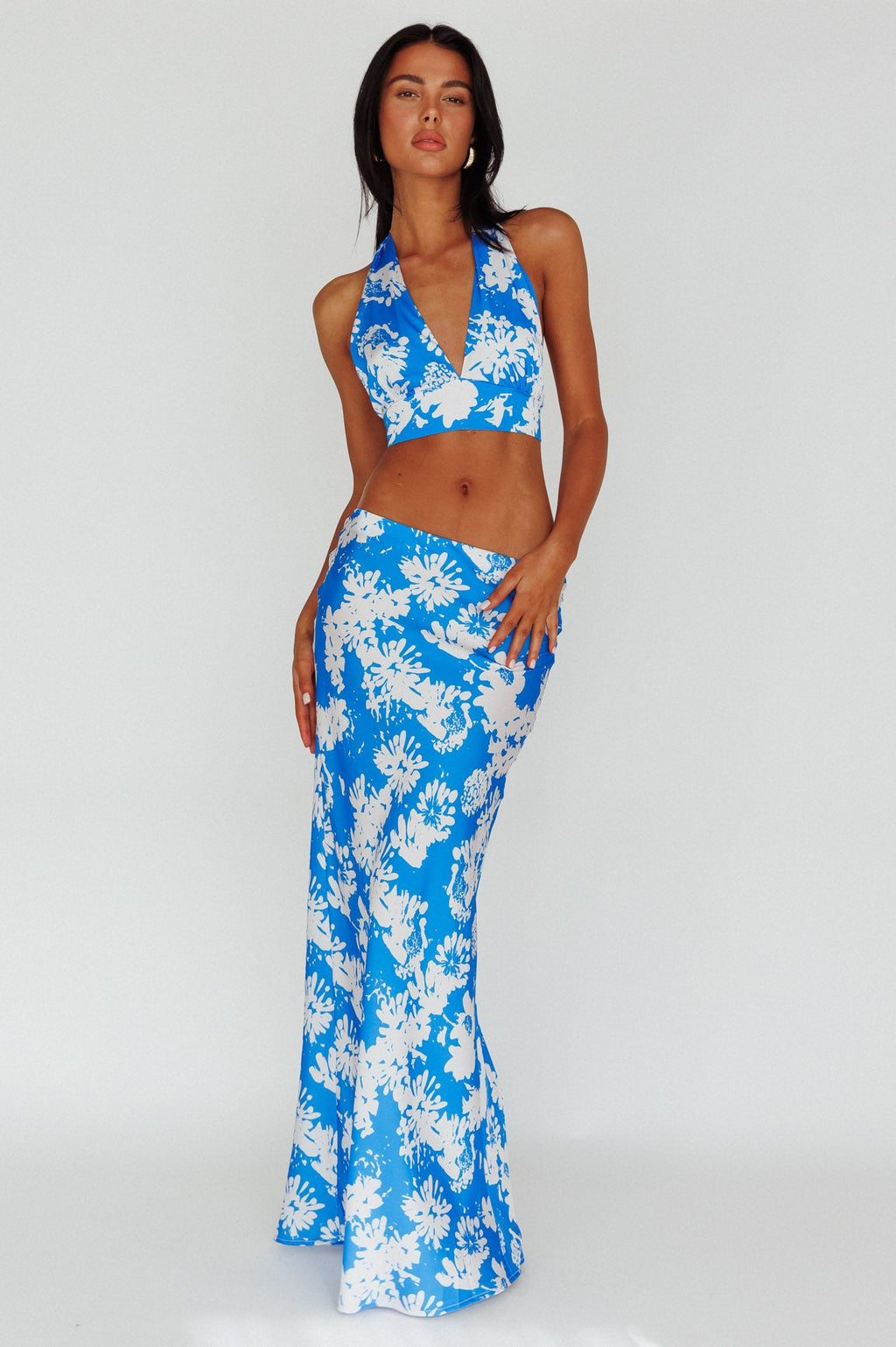 Manila Halterneck Crop Top Blue Floral