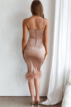 Hopelessly Devoted Feather Trim Midi Dress Brown