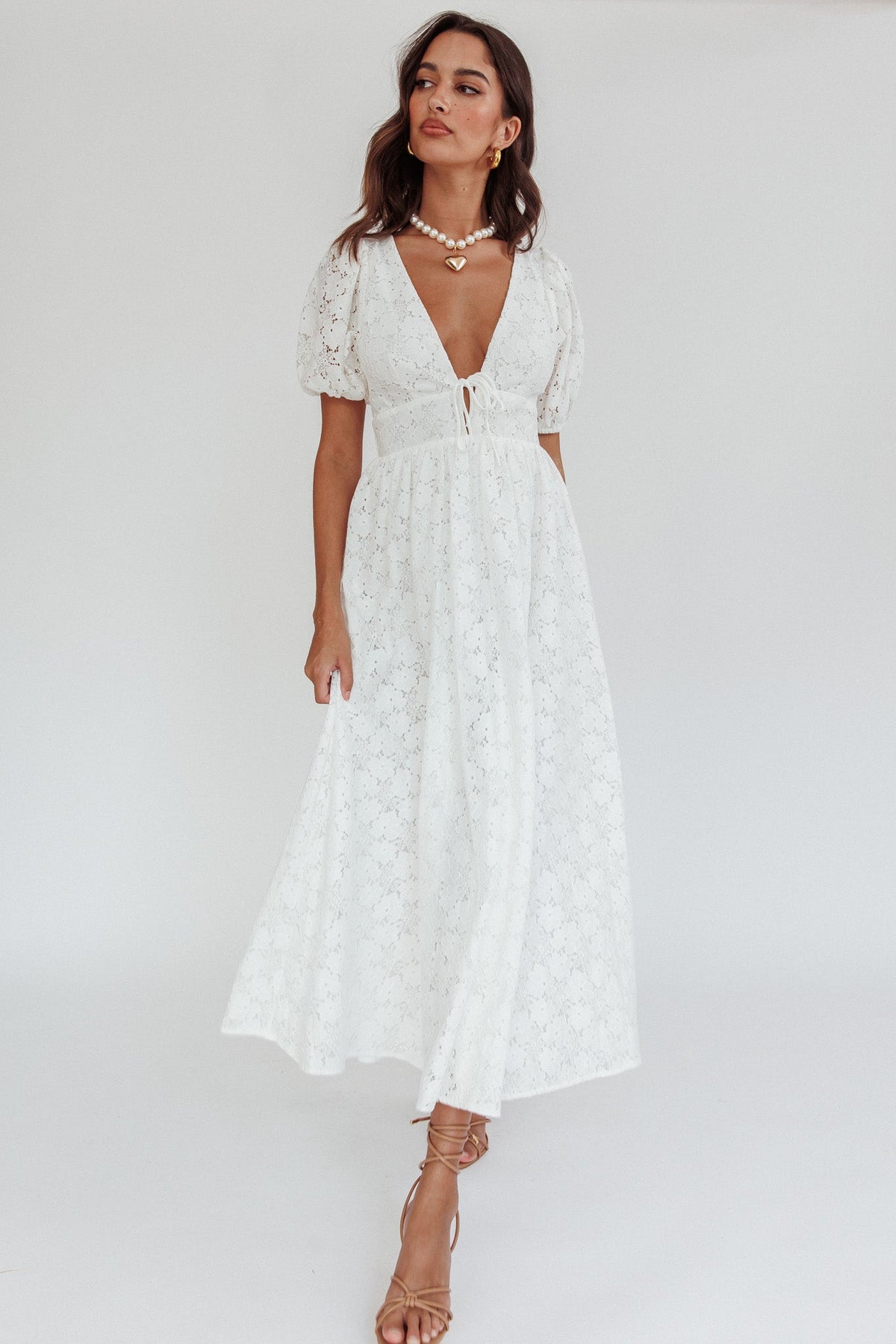 Sunday Kinda Love Puff Sleeve Lace Dress White Main image