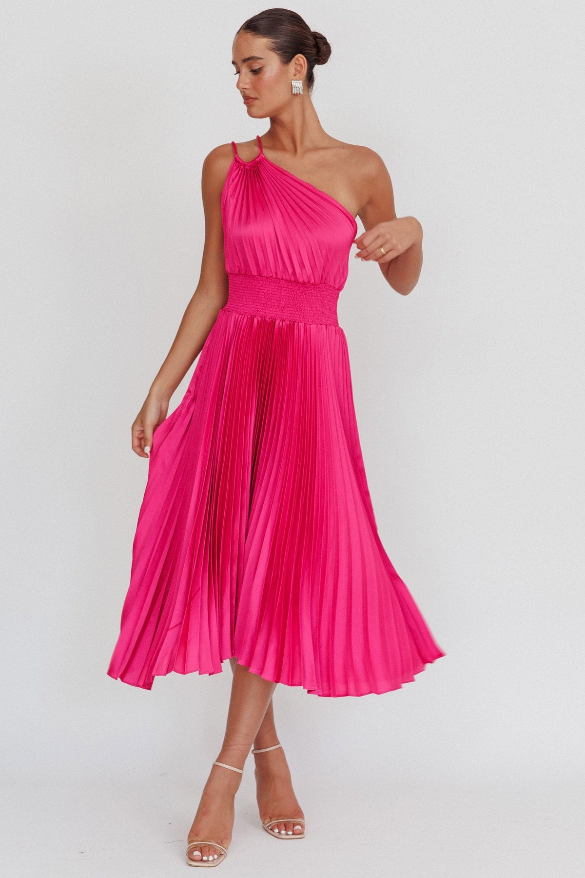 Calissa One Shoulder Pleated Midi Dress Magenta Main image