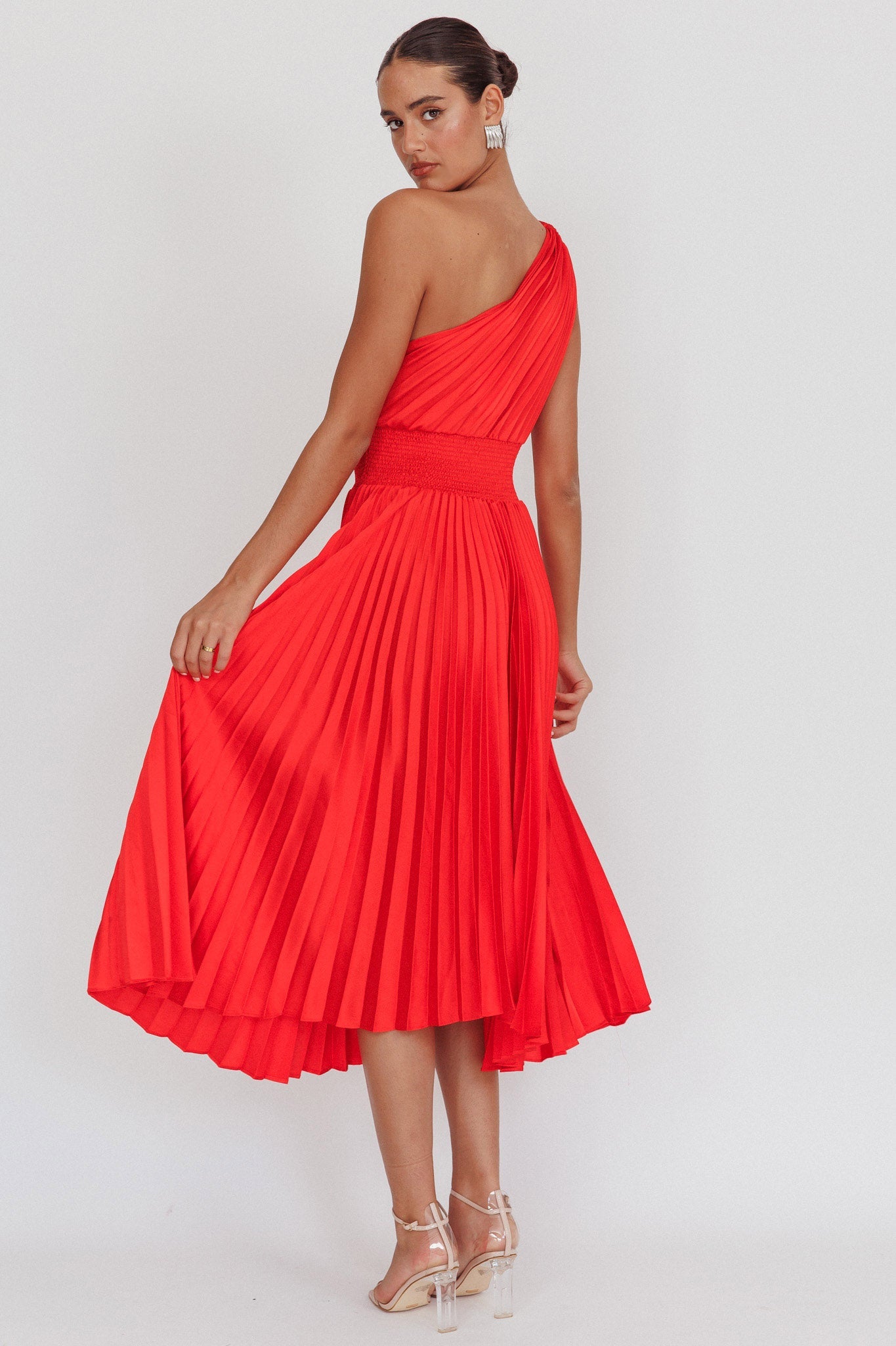 Calissa One Shoulder Pleated Midi Dress Red Secondary image