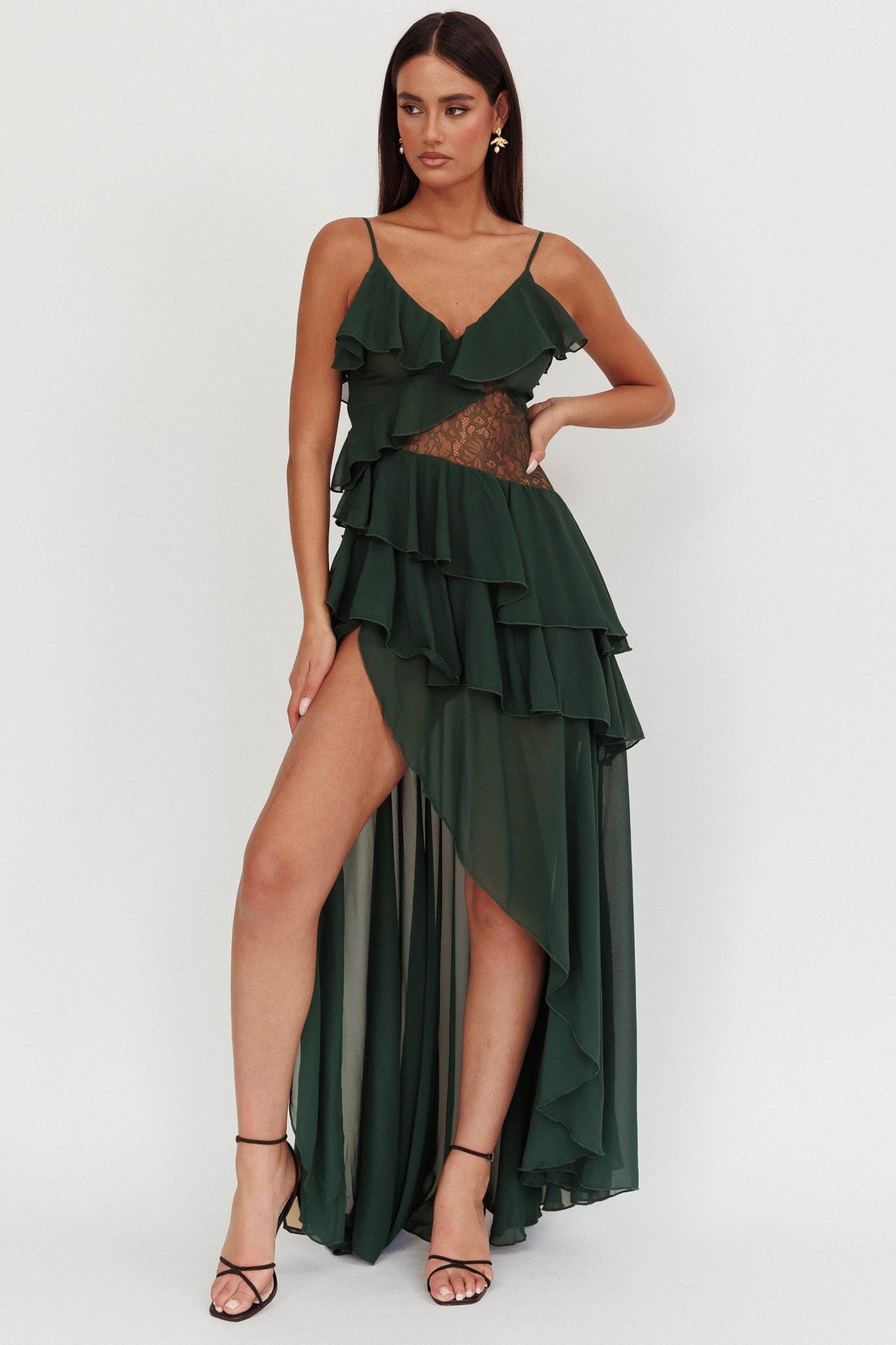 Amaretto Lace Waist Ruffle Maxi Dress Hunter Green Main image