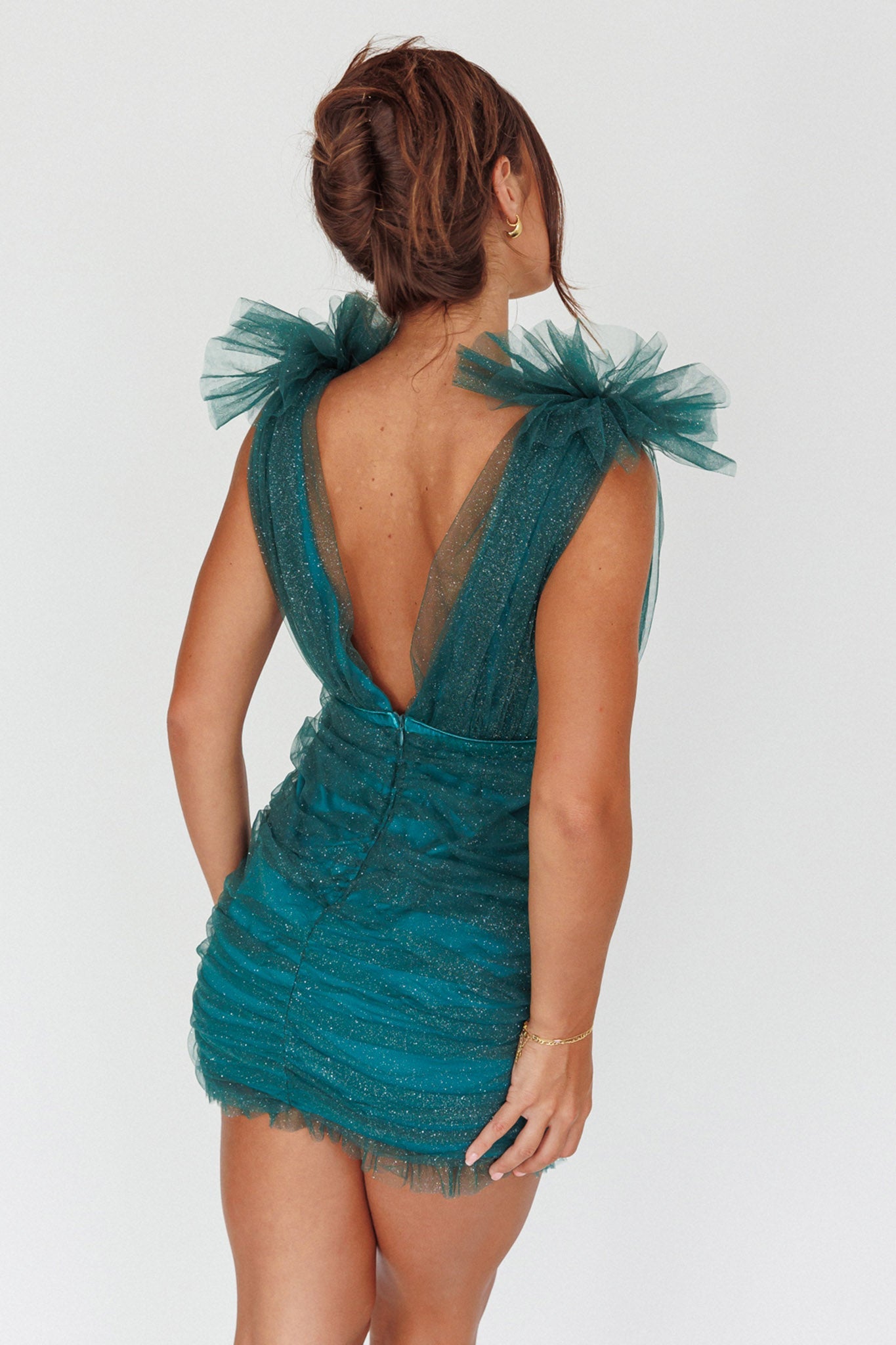 Ludivine Shoulder Accent Mesh Mini Dress Glitter Green Secondary image