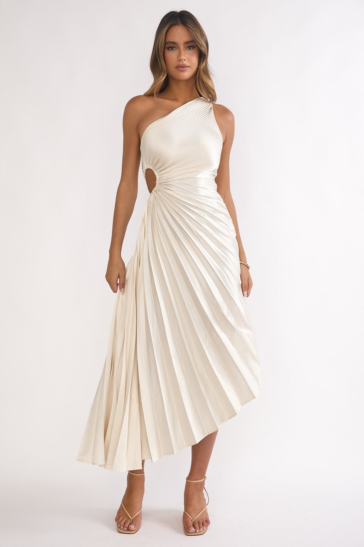 Brooklynn One-Shoulder Accordion Pleat Dress Champagne Main image
