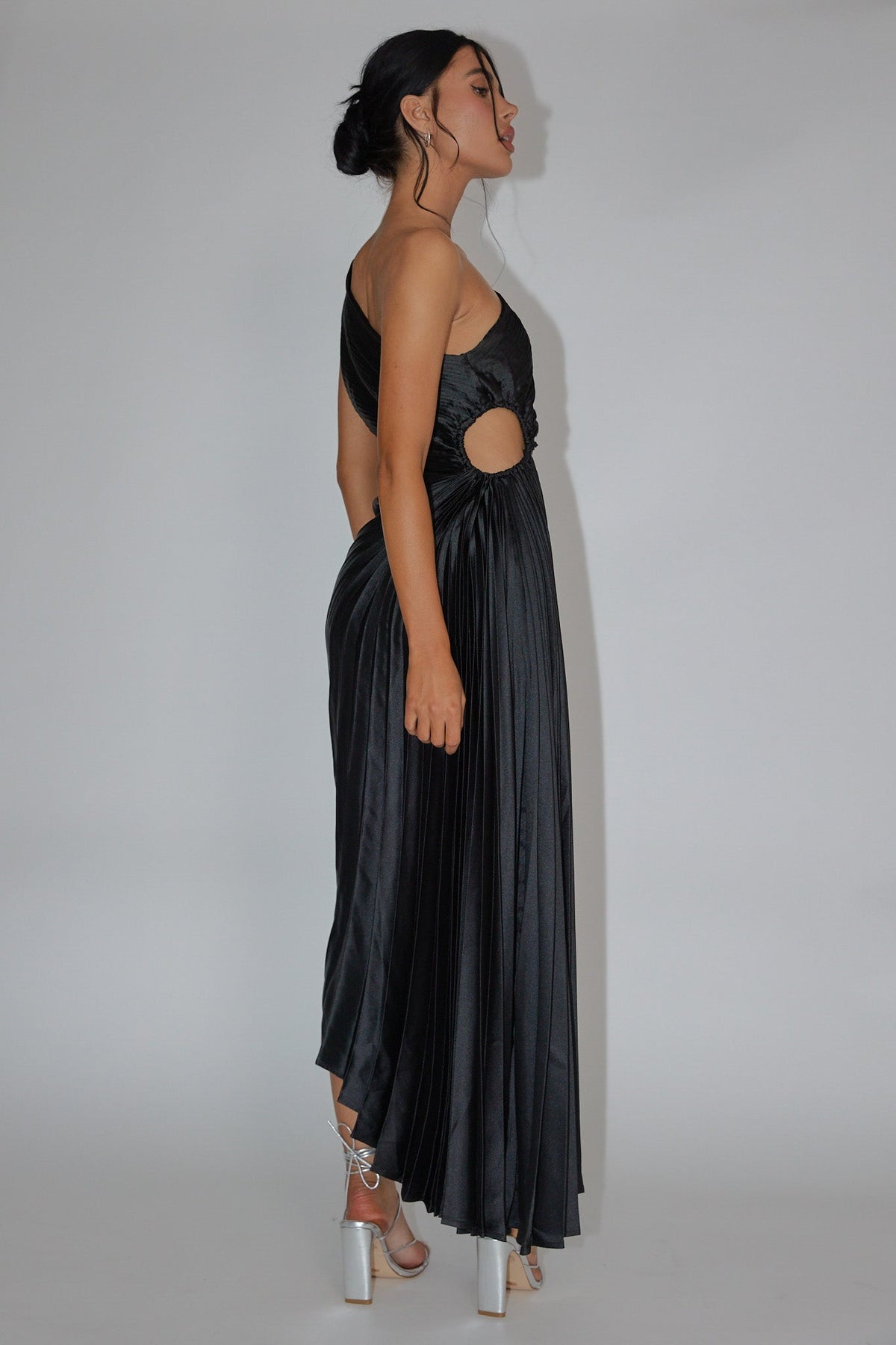 Brooklynn One-Shoulder Accordion Pleat Dress Black