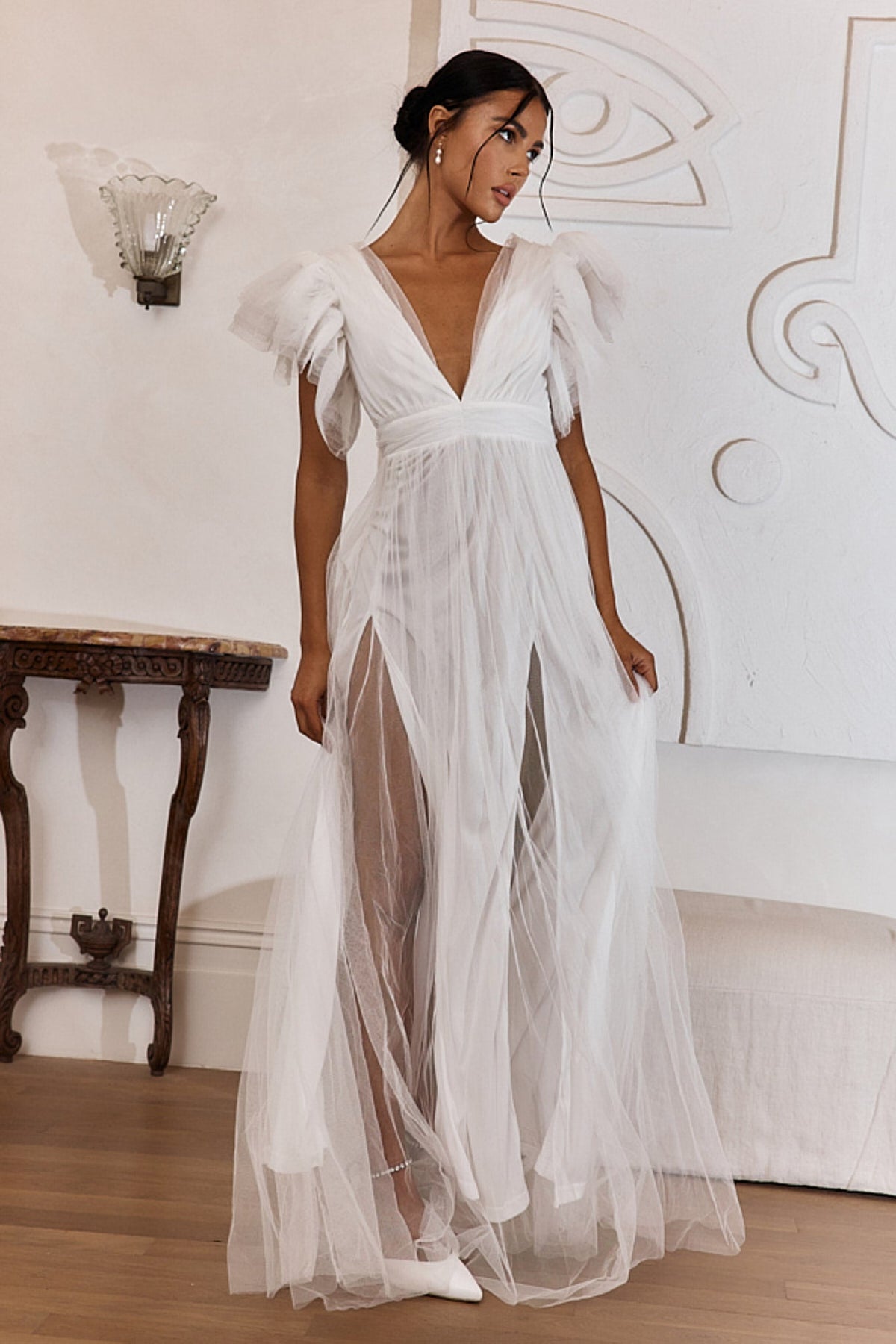 Heaven's Love Deep V-Neck Tulle Maxi Dress White Main image